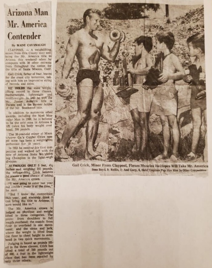 Newspaper clipping: Gail Crick with his sons Boyd, Rollie, and Gary