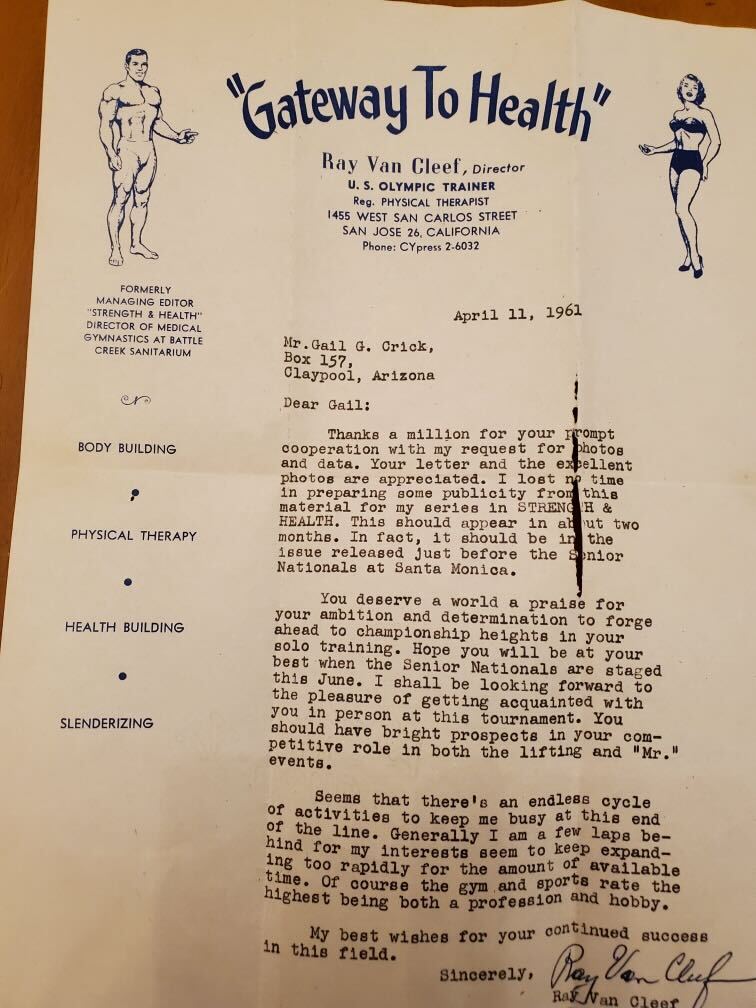 Letter to Gail Crick from Ray Van Cleef, U.S. Olympic Trainer, April 11, 1961