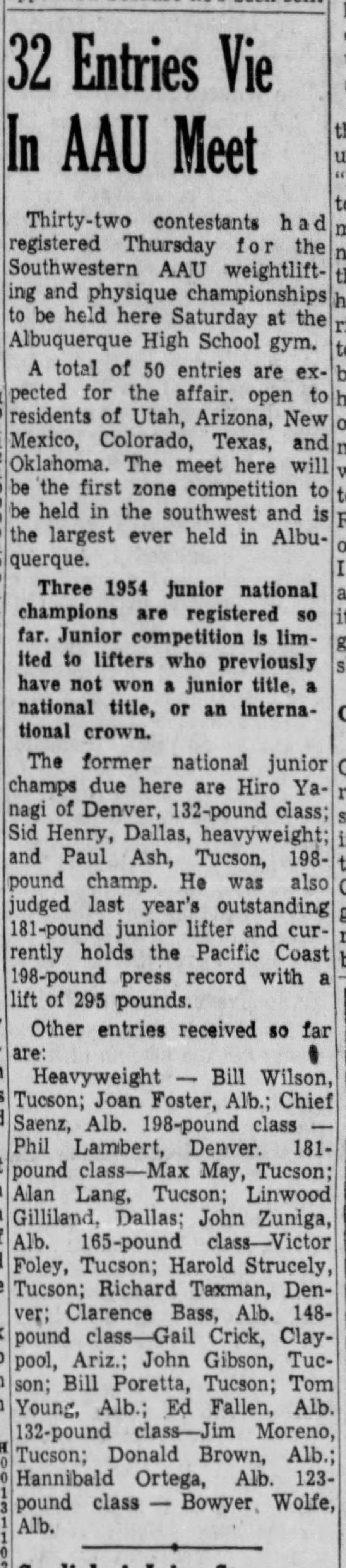 Albuquerque Journal, June 17 1955 - Southwestern AAU Weightlifting Championships