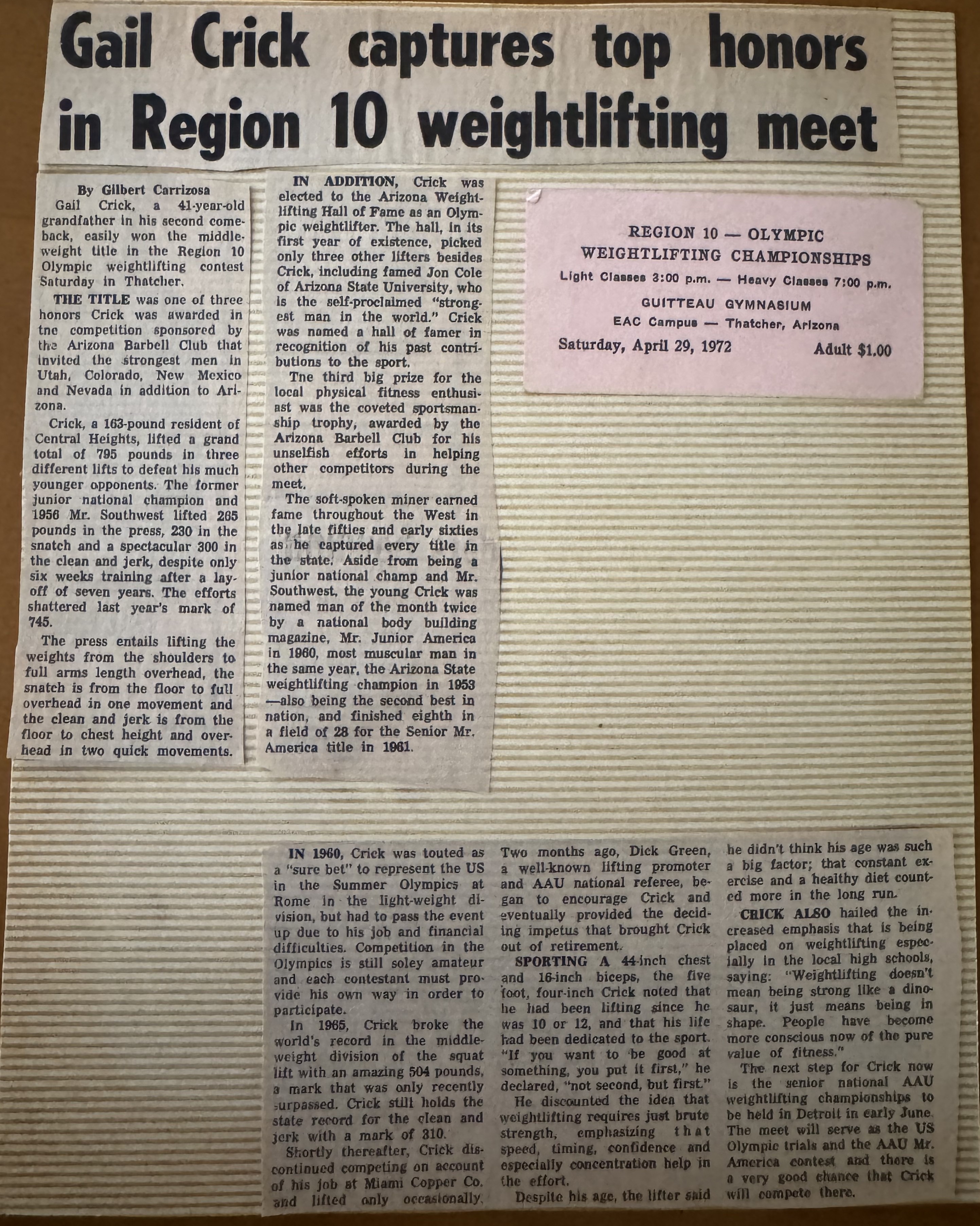 Newspaper article: Gail Crick captures top honors in Region 10 weightlifting meet, 1972