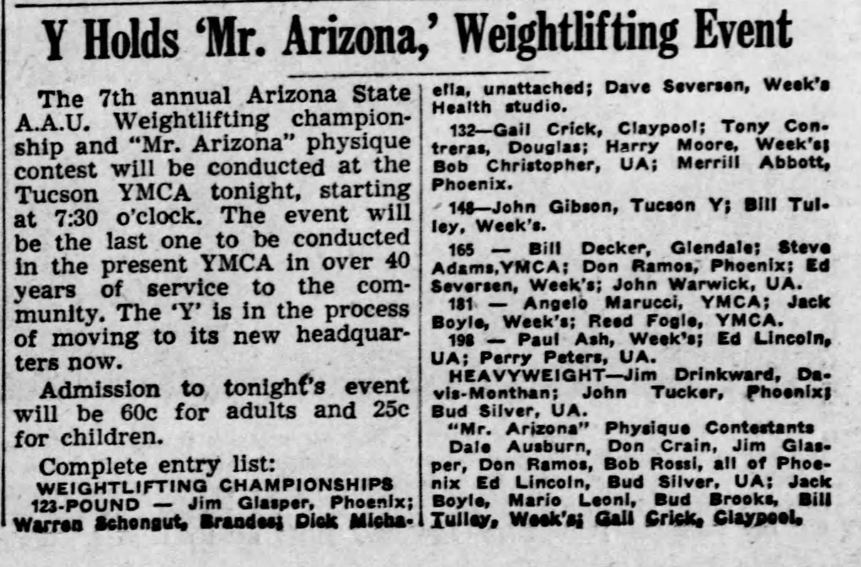 Arizona Daily Star, May 16 1953 - Y Holds Mr. Arizona Weightlifting Event