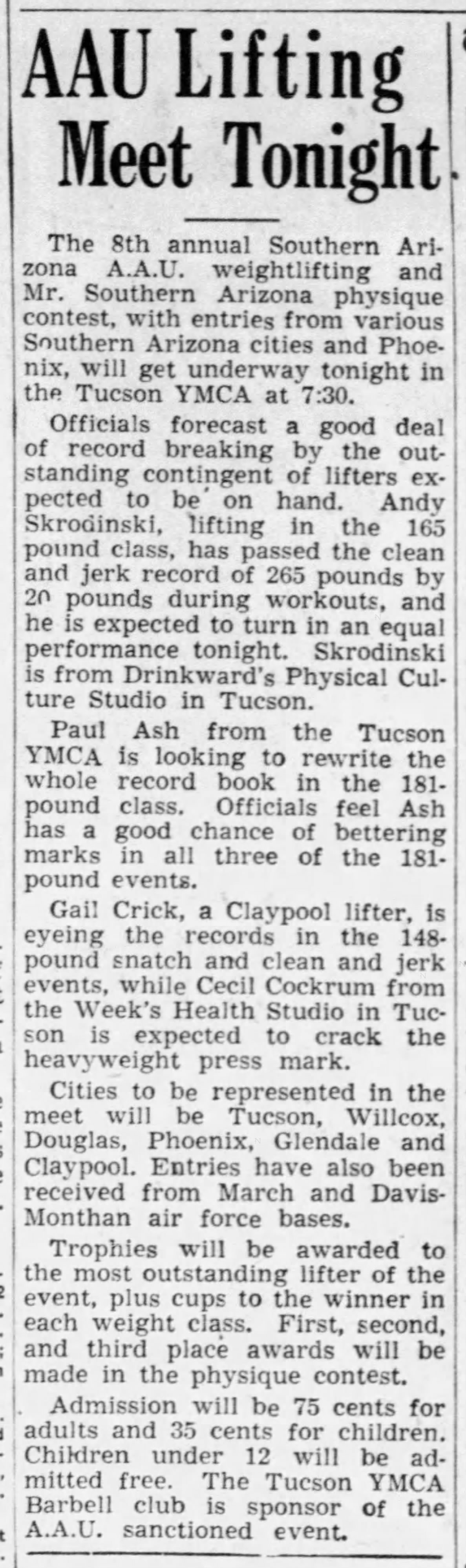 Arizona Daily Star, February 13 1954 - AAU Lifting Meet Tonight