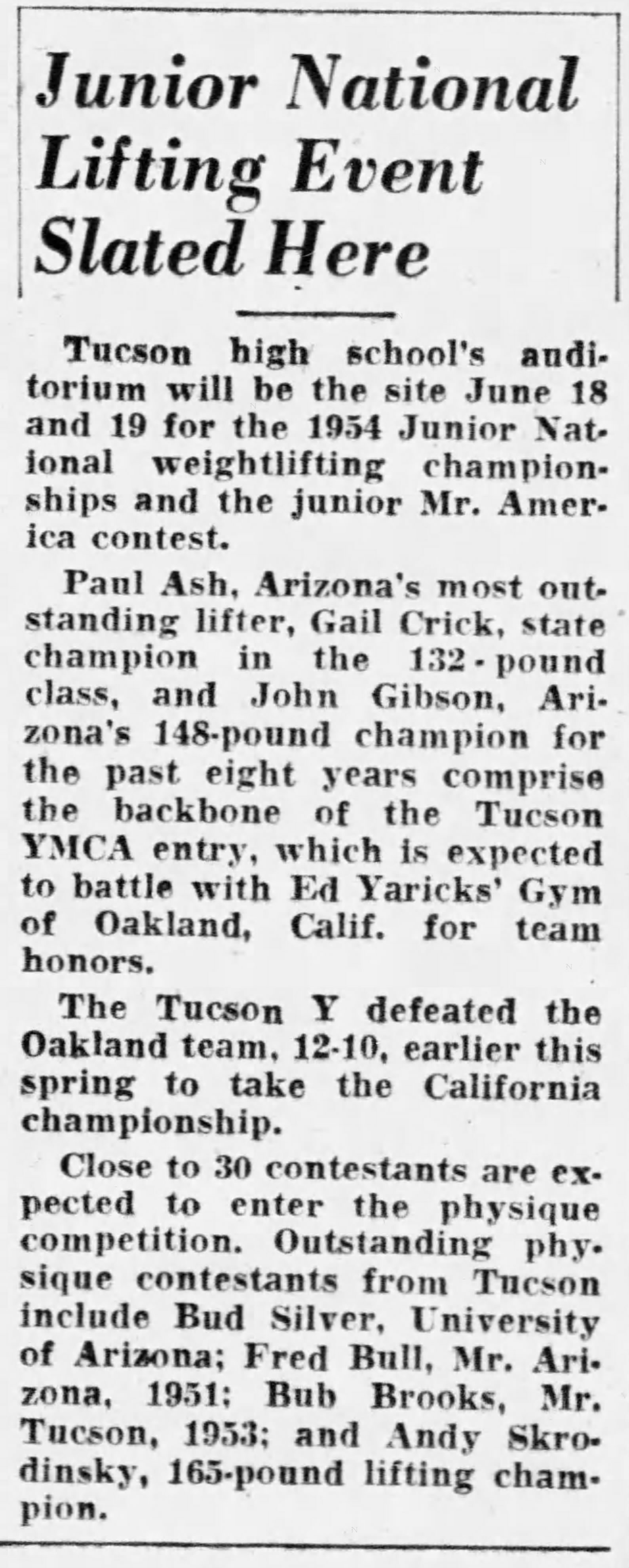 Arizona Daily Star, June 6 1954 - Junior National Lifting Event Slated Here
