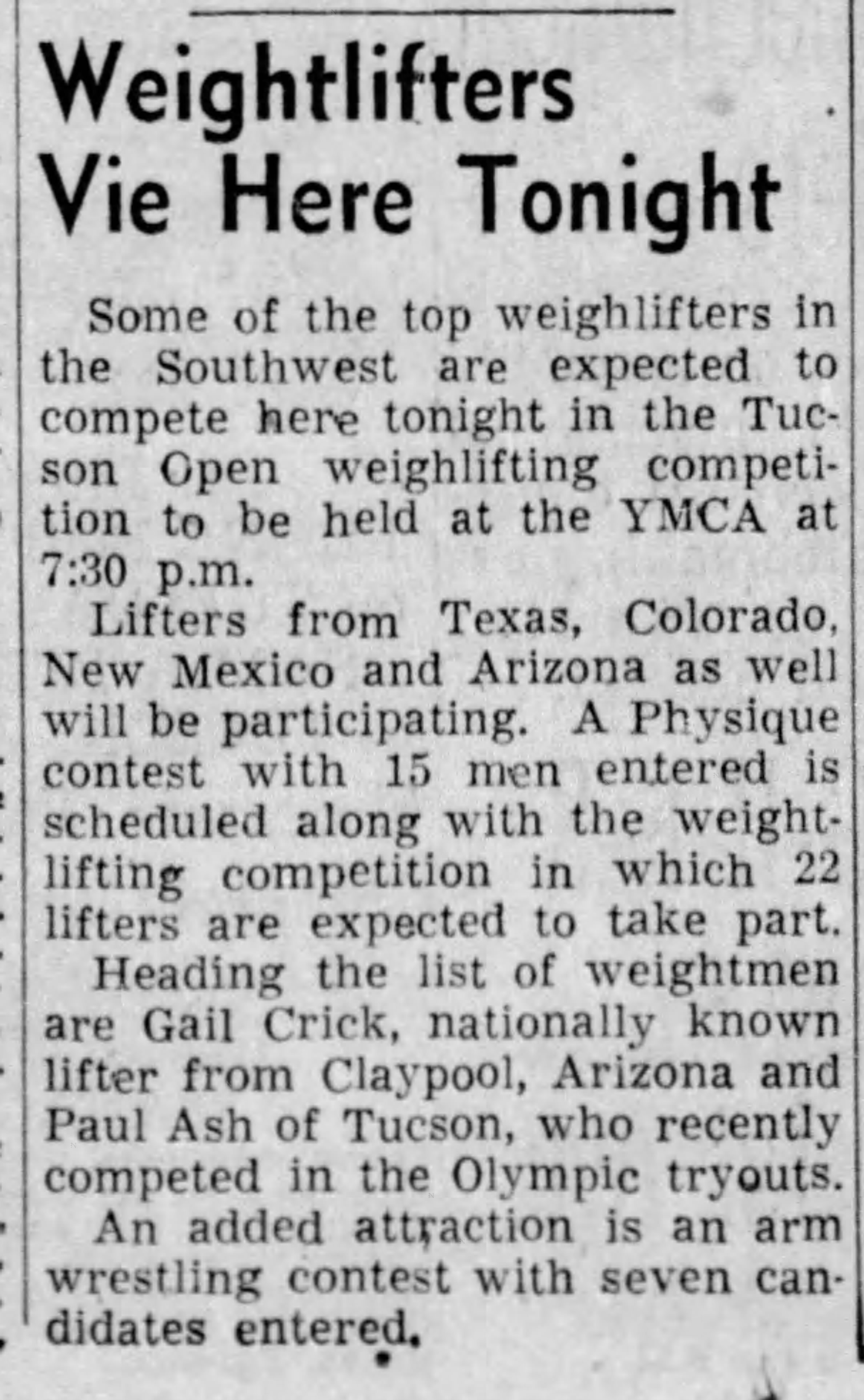 Arizona Daily Star, December 1 1956 - Weightlifters Vie Here Tonight