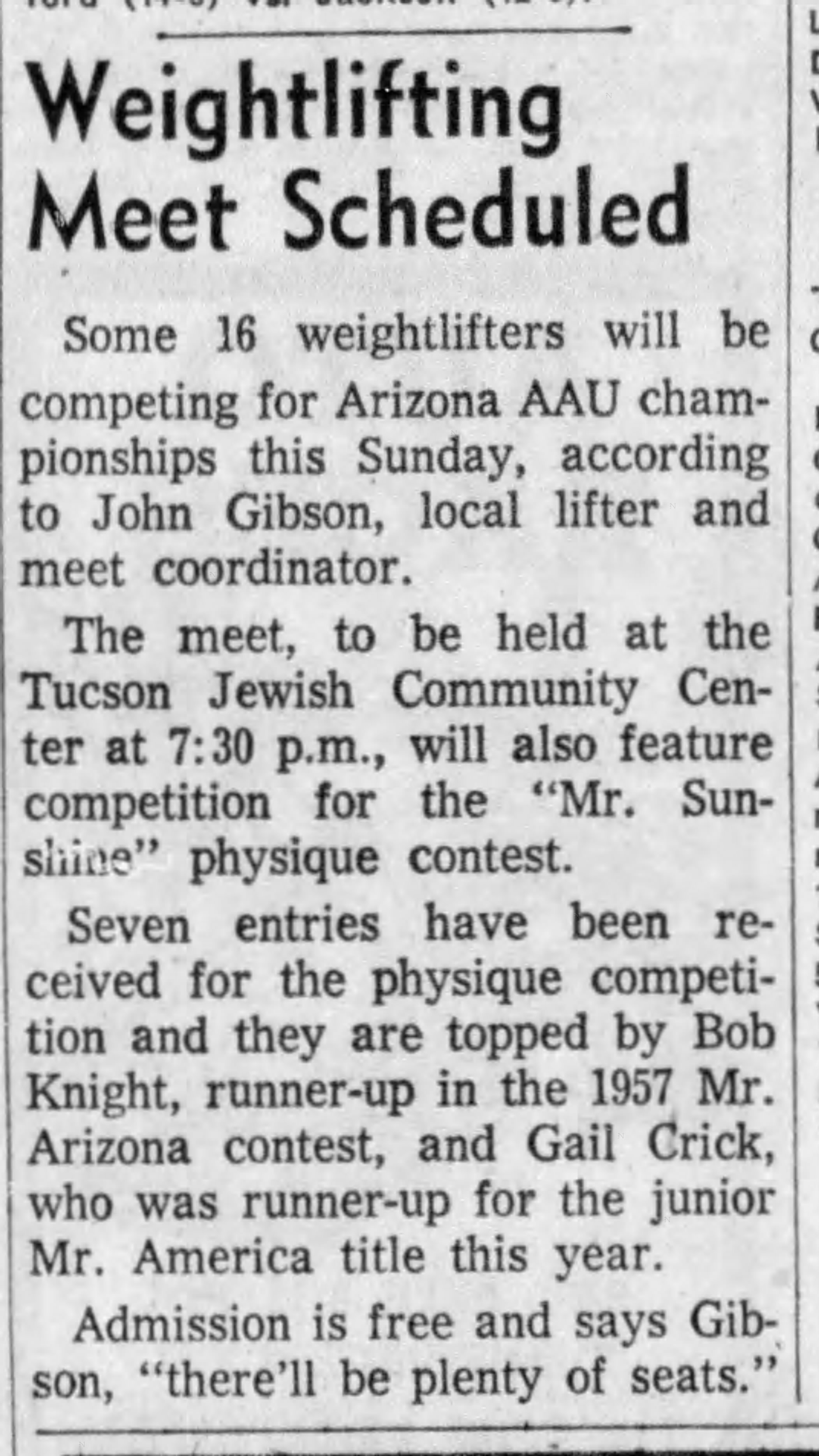 Arizona Daily Star, August 2 1957 - Weightlifting Meet Scheduled