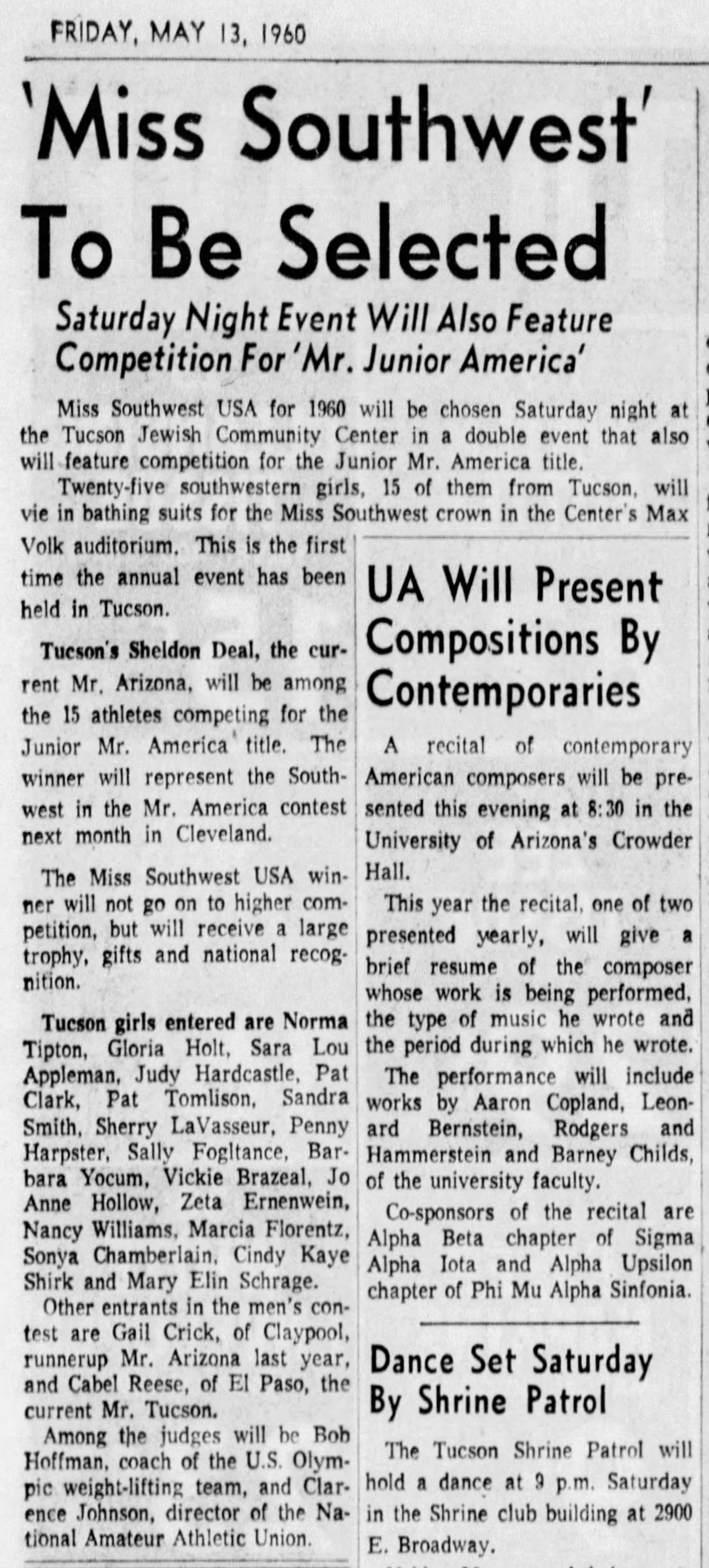 Arizona Daily Star, May 13 1960 - Miss Southwest To Be Selected