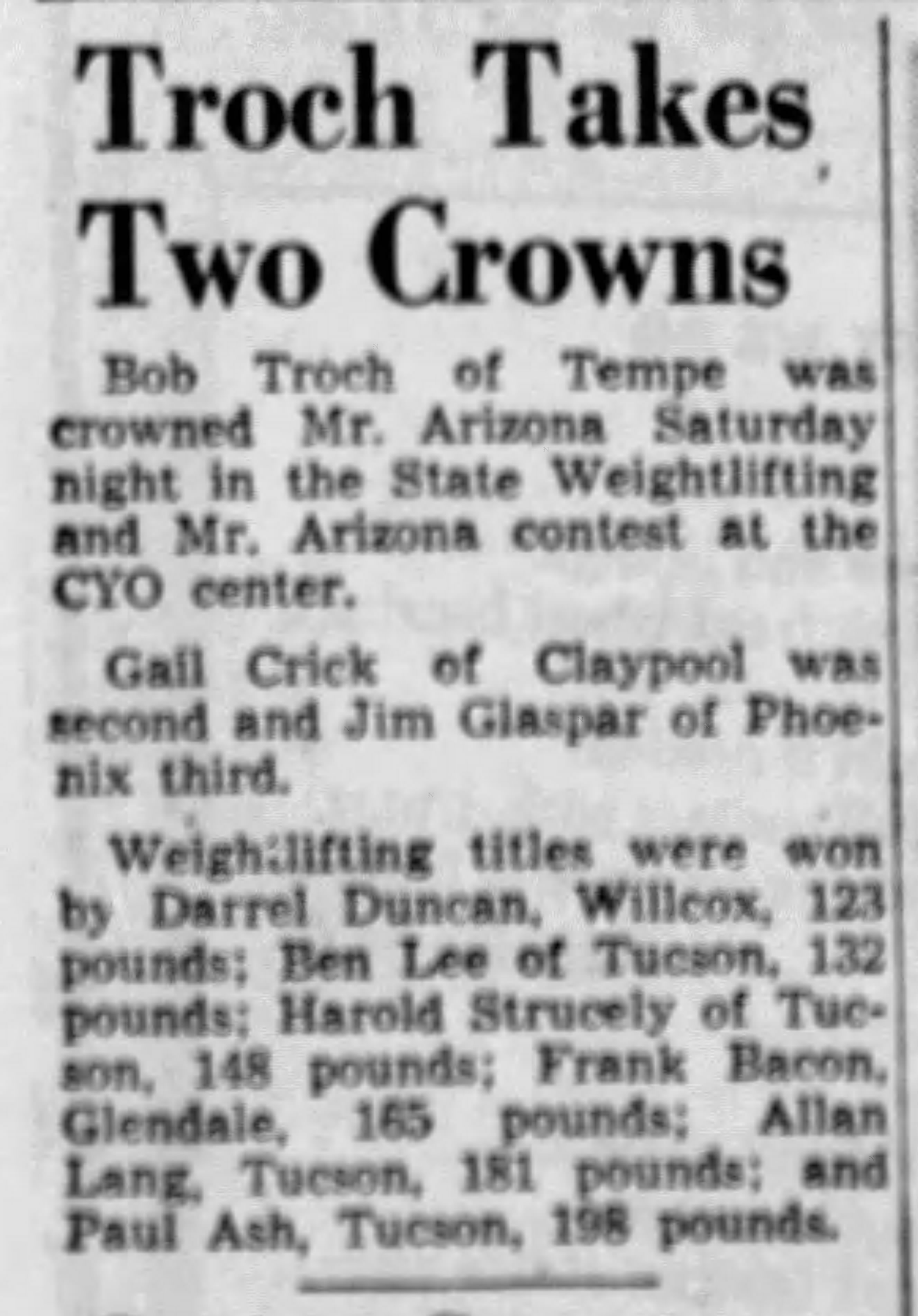 Arizona Republic, March 12 1956 - Troch Takes Two Crowns