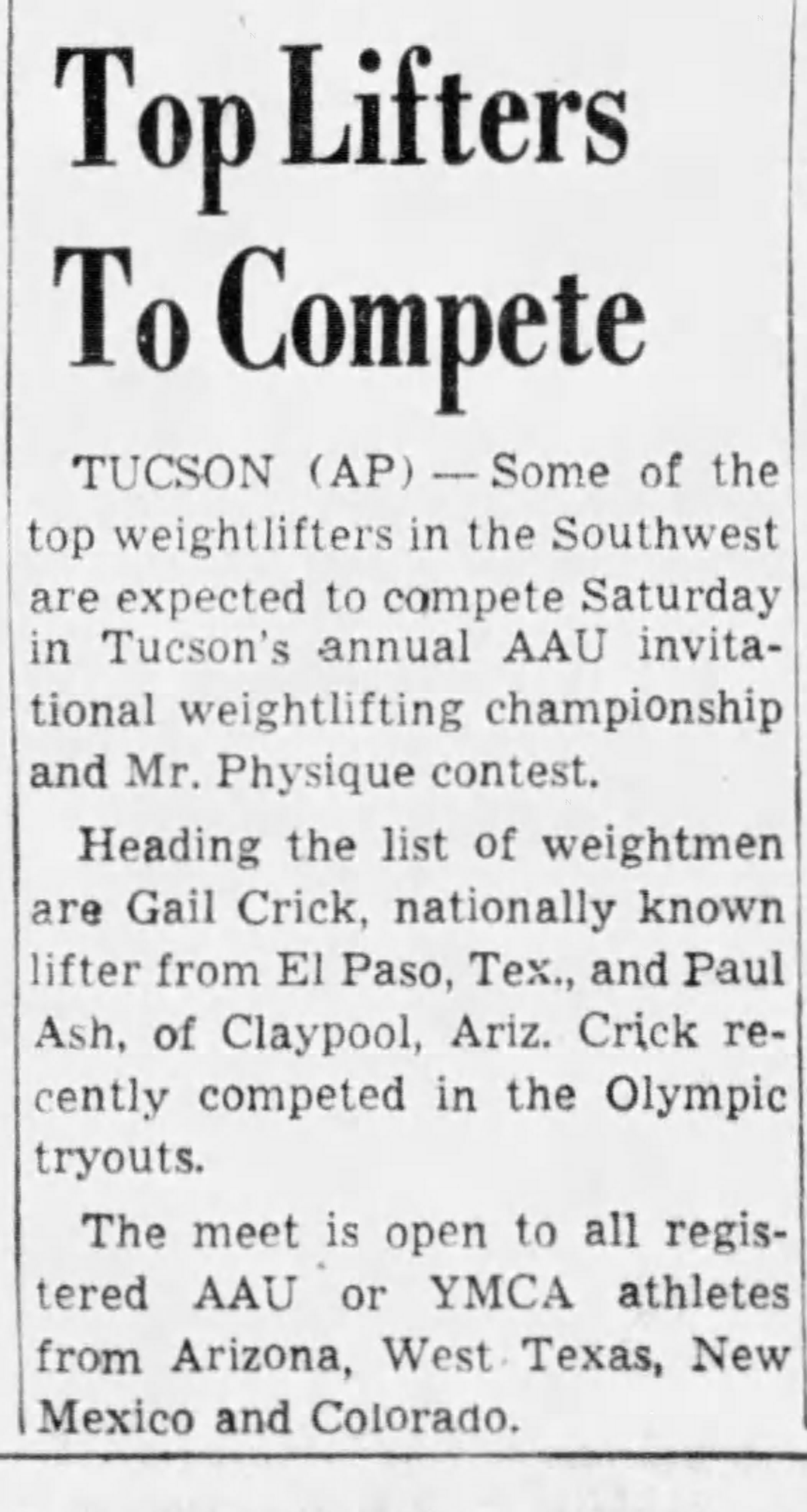 Arizona Republic, November 30 1956 - Top Lifters To Compete