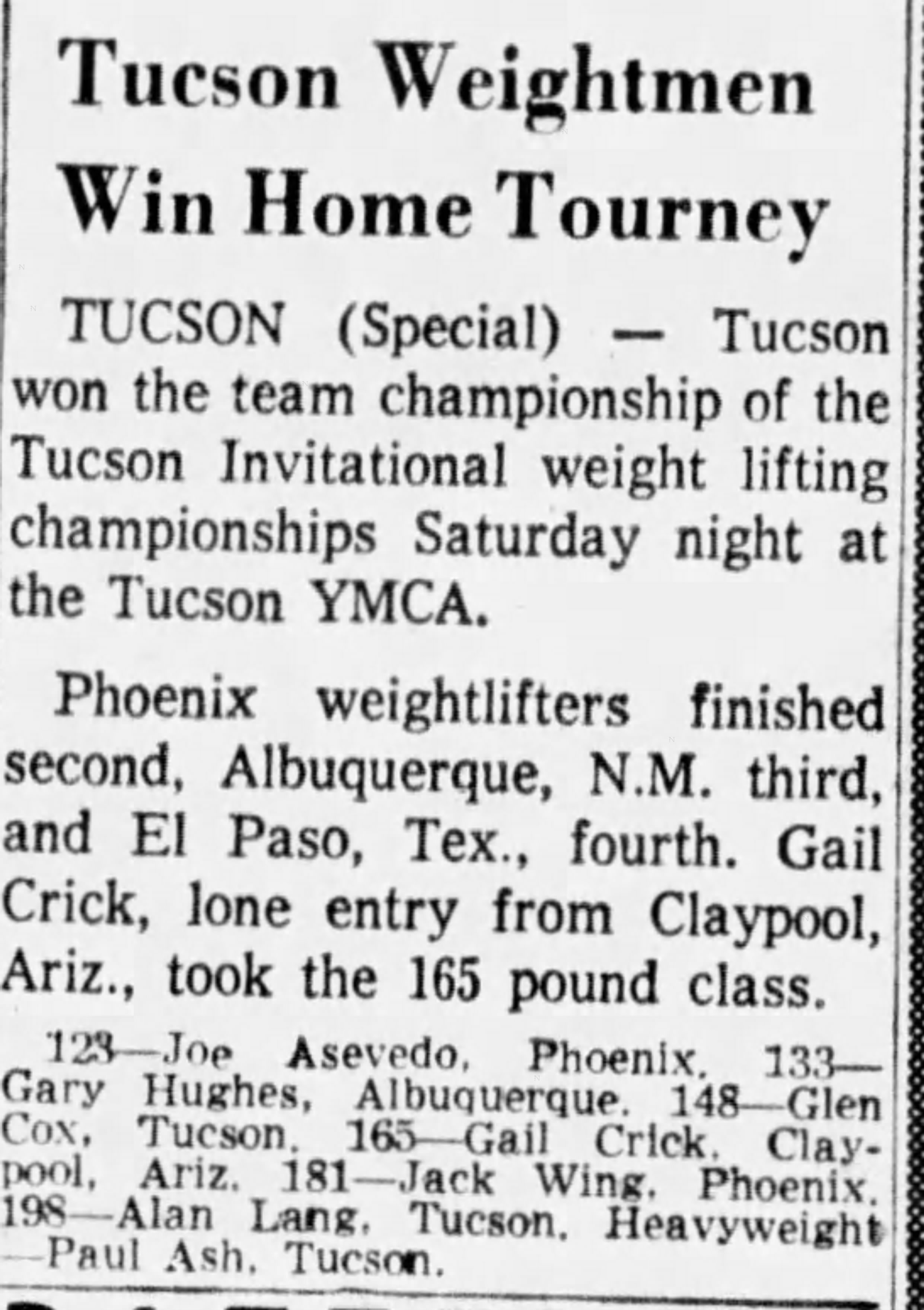 Arizona Republic, December 16 1957 - Tucson Weightmen Win Home Tourney