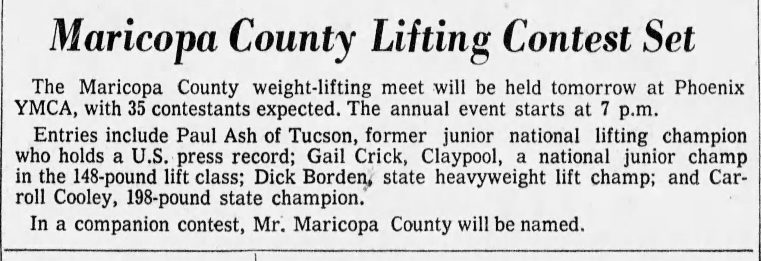 Arizona Republic, February 17 1961 - Maricopa County Lifting Contest Set