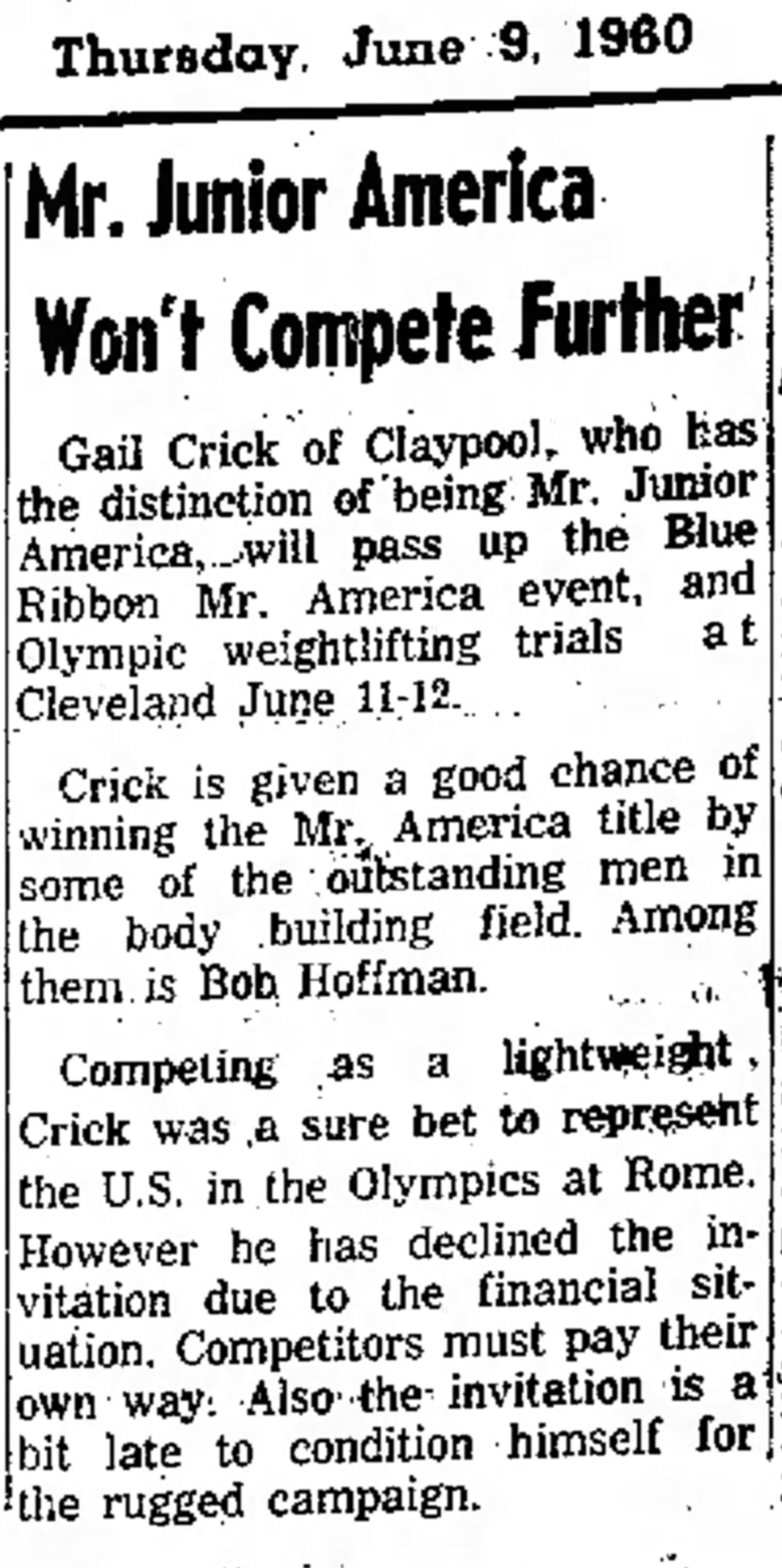 Arizona Silver Belt, June 9 1960 - Mr. Junior America Won't Compete Further