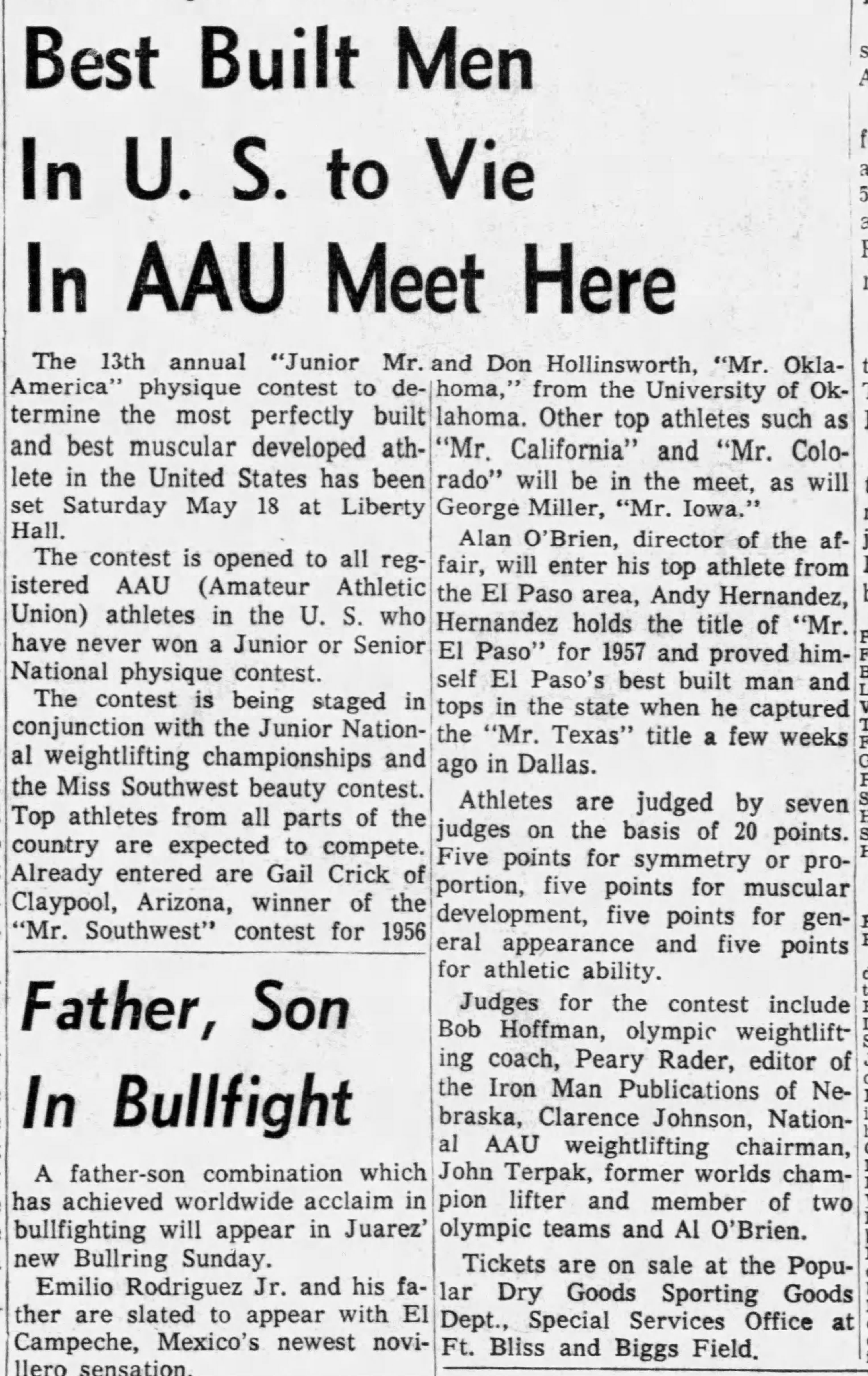 El Paso Herald Post, May 8 1957 - Best Built Men In U.S. to Vie In AAU Meet Here