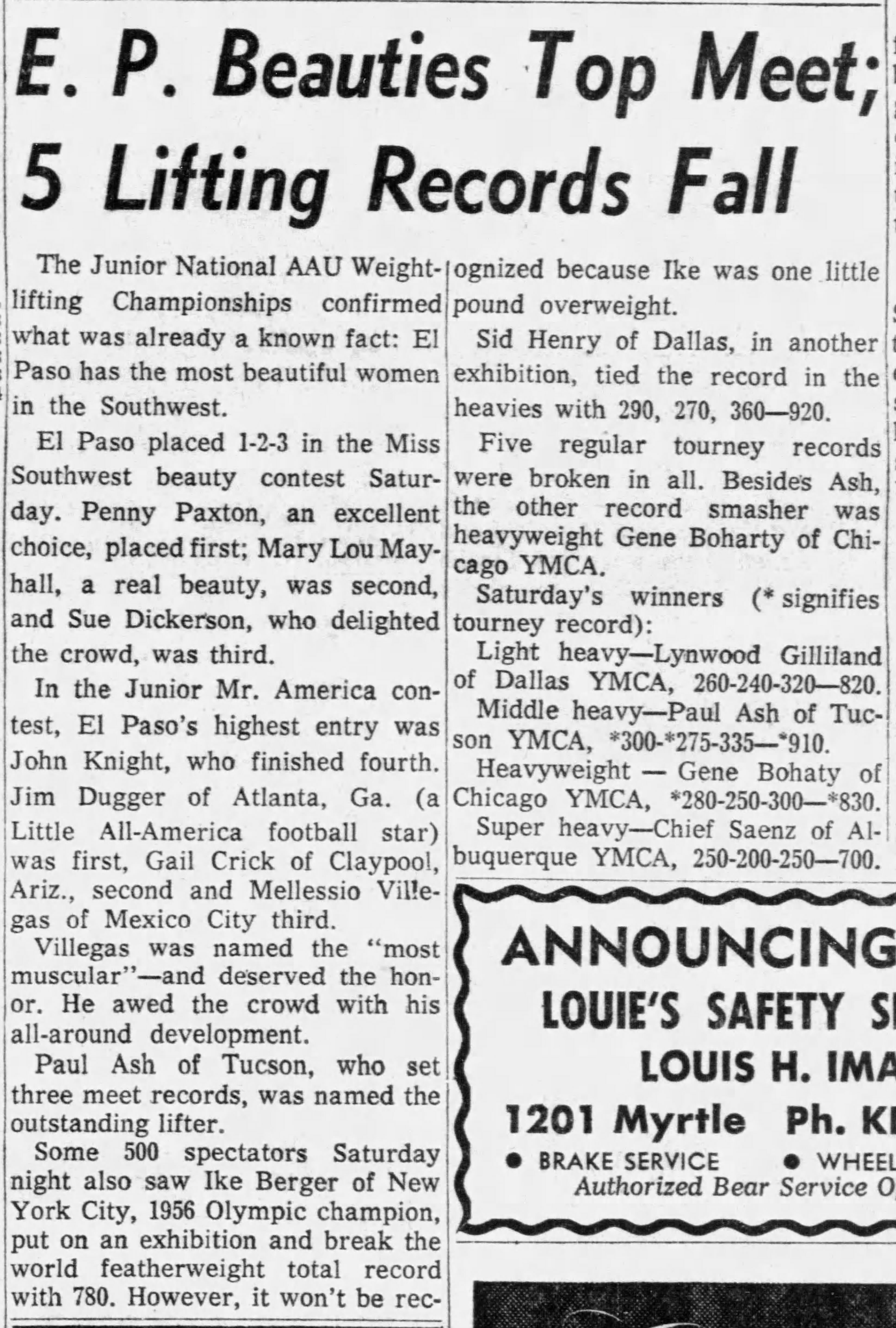El Paso Herald Post, May 20 1957 - E.P. Beauties Top Meet; 5 Lifting Records Fall