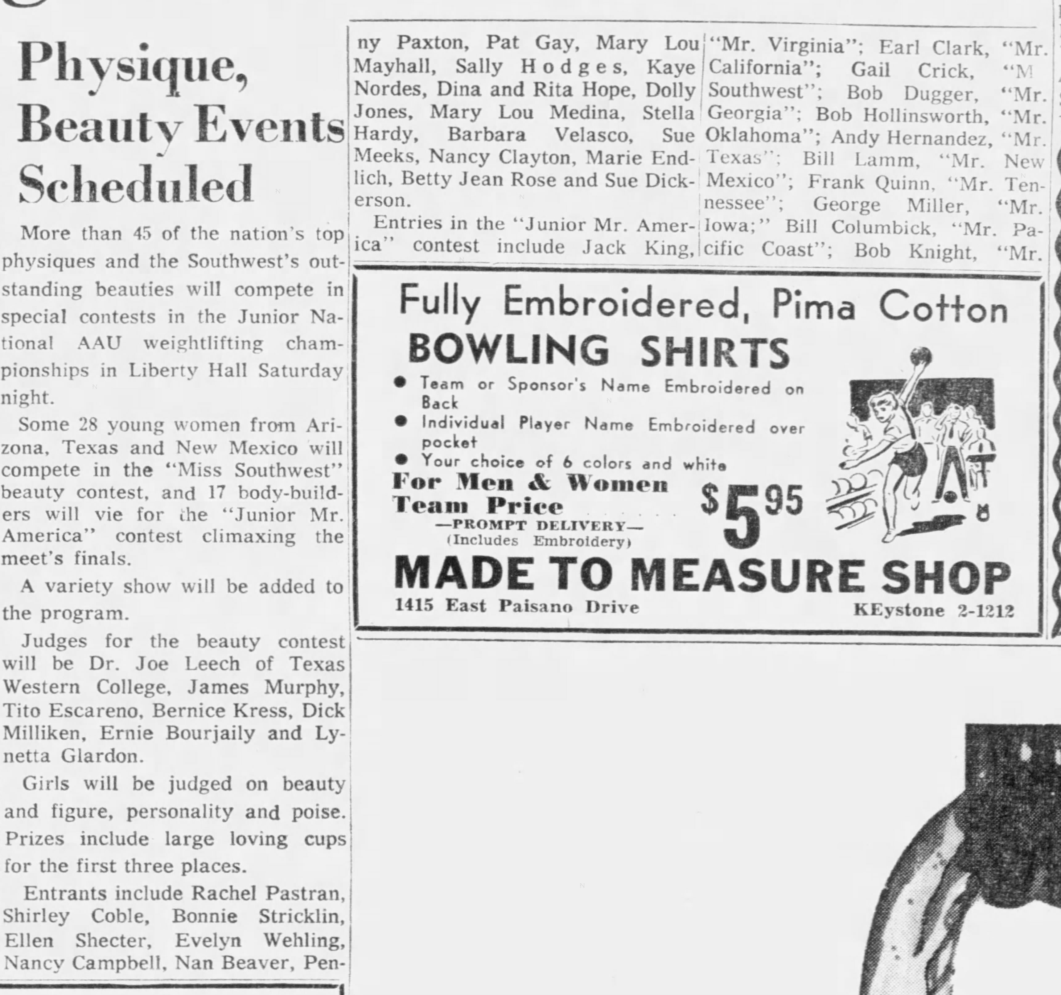 El Paso Times, May 17 1957 - Physique and Beauty Events Scheduled