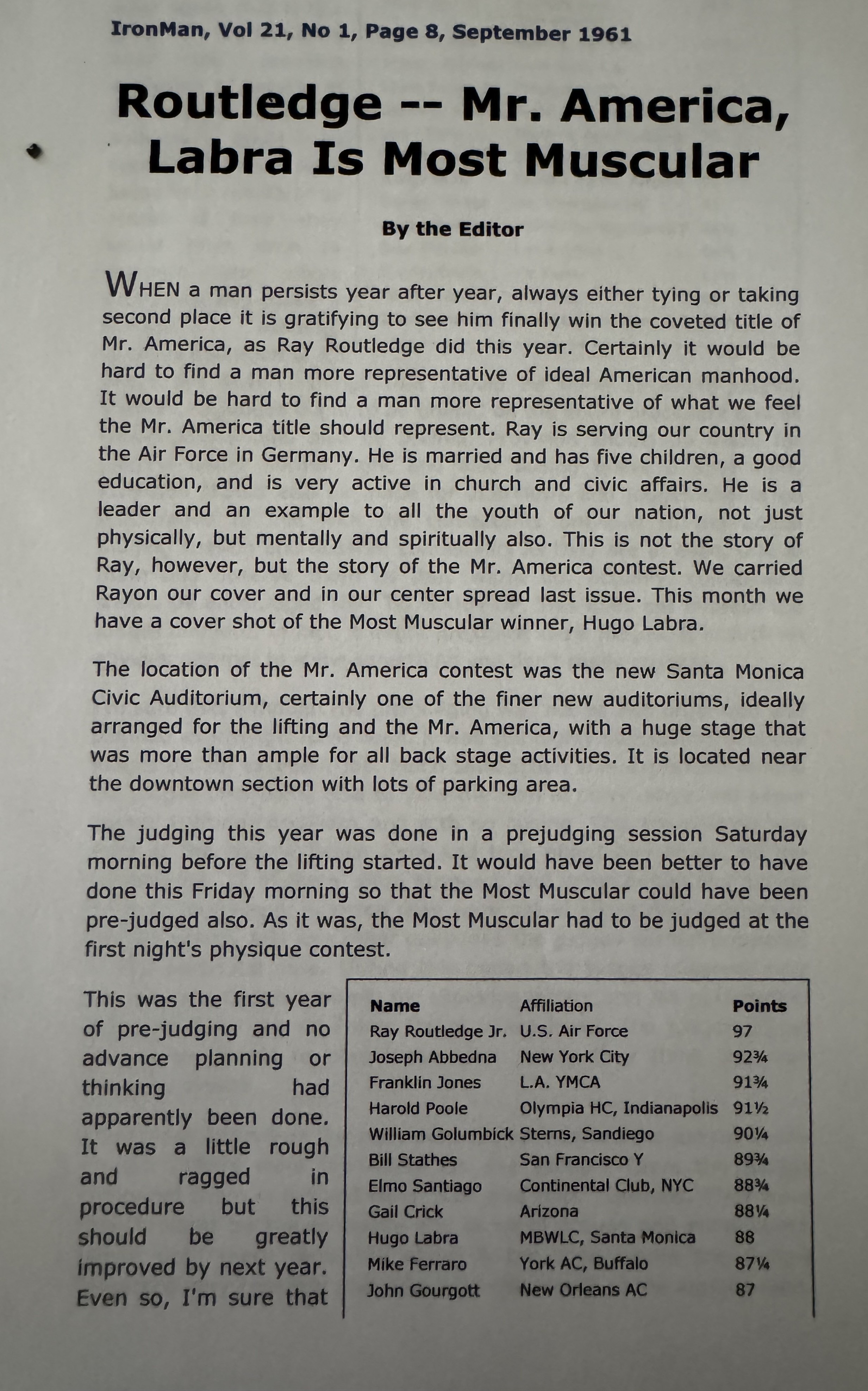 Ironman Magazine September 1961 - Mr. America contest results and judging