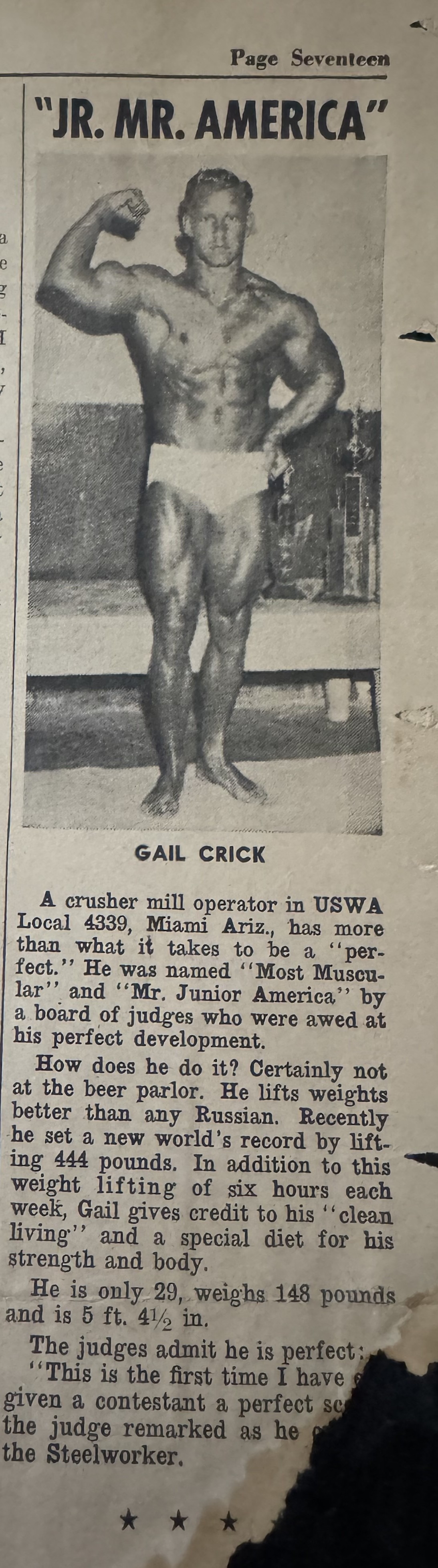 Jr. Mr. America article from a USWA union publication, c.1956-1957