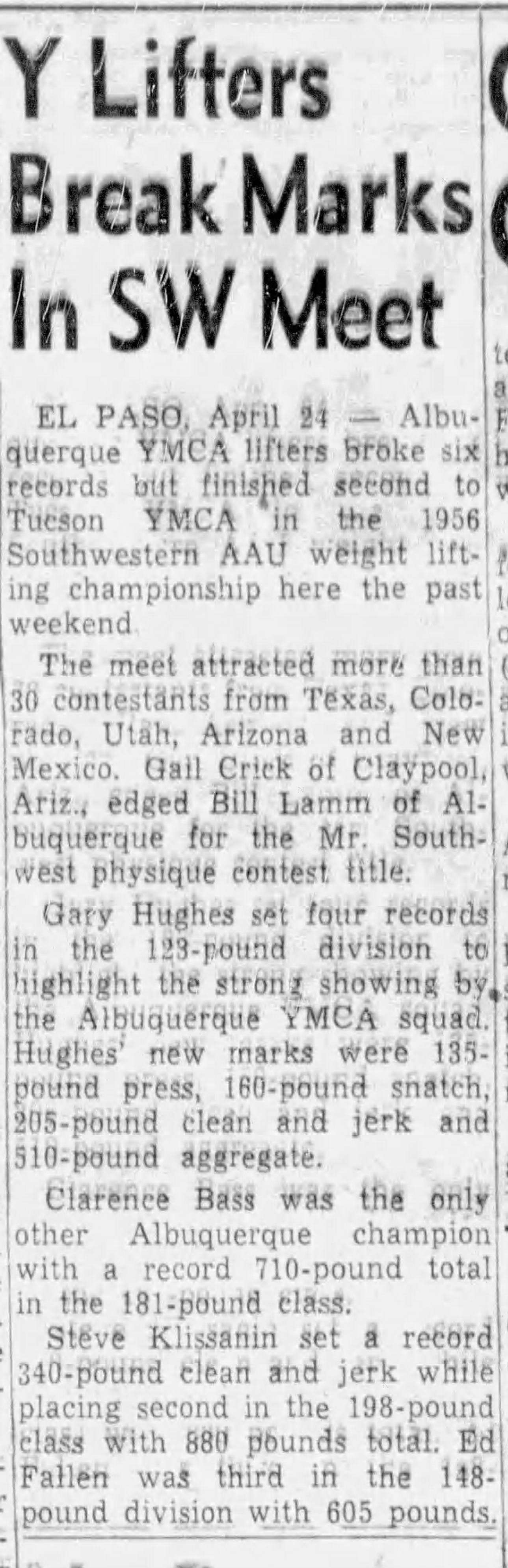 Albuquerque Tribune, April 24 1956 - Y Lifters Break Marks In SW Meet