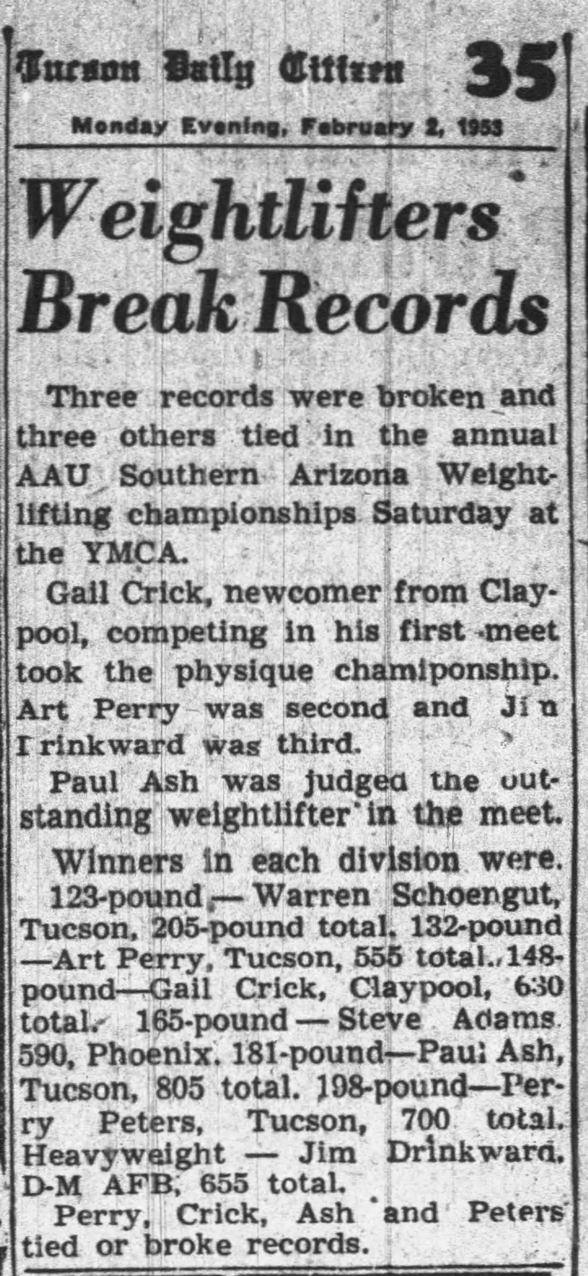 Tucson Citizen, February 2 1953 - Weightlifters Break Records