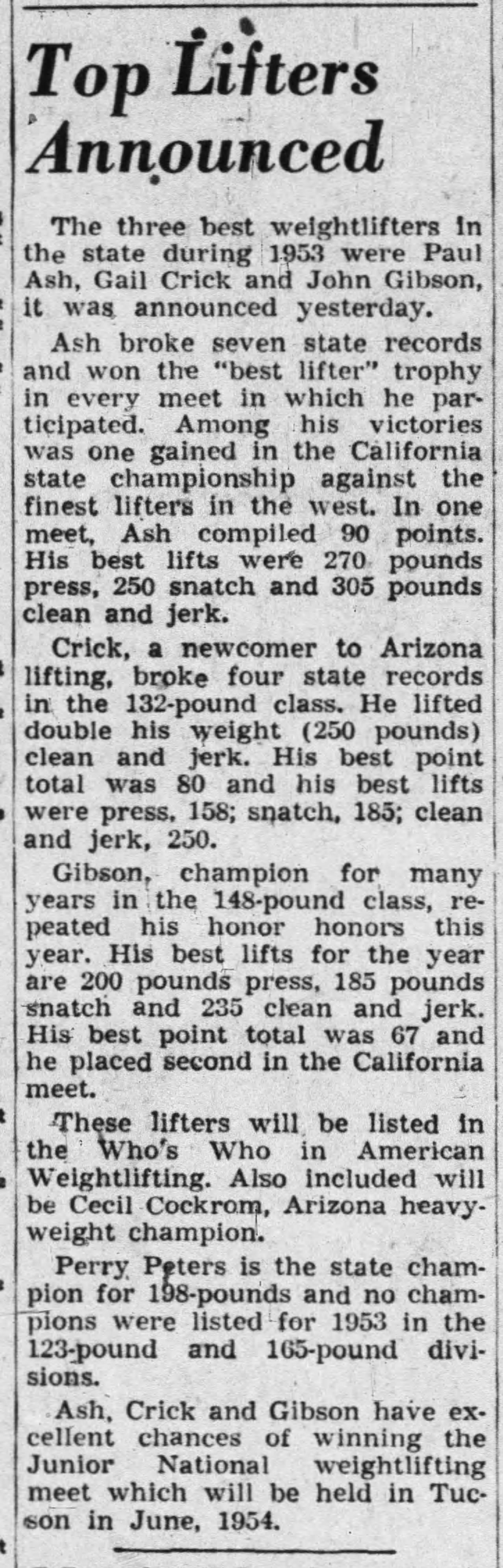Tucson Citizen, December 30 1953 - Top Lifters Announced