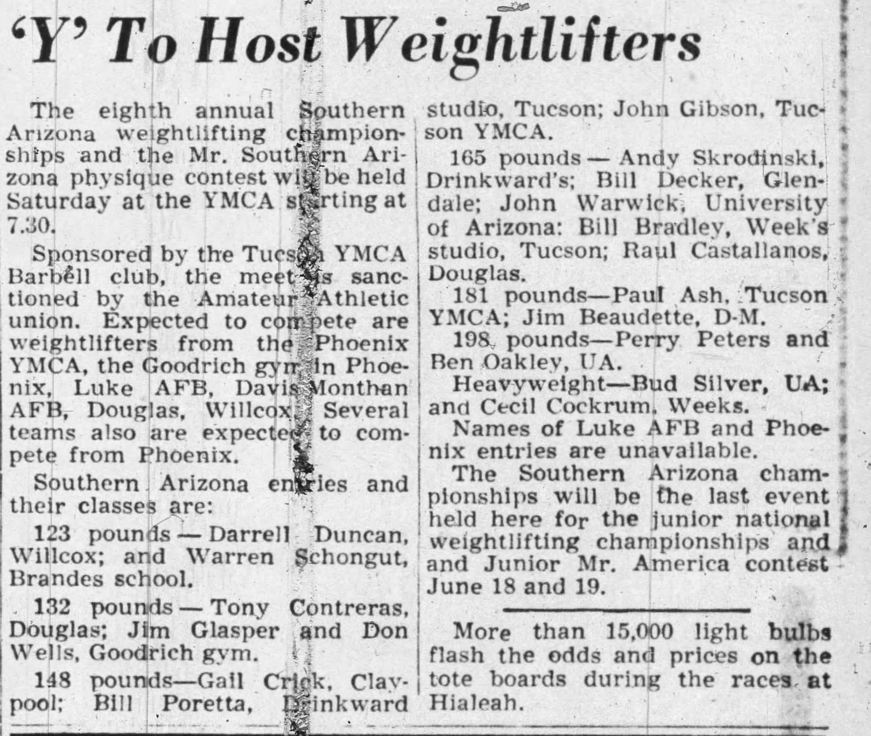 Tucson Citizen, February 11 1954 - Y To Host Weightlifters