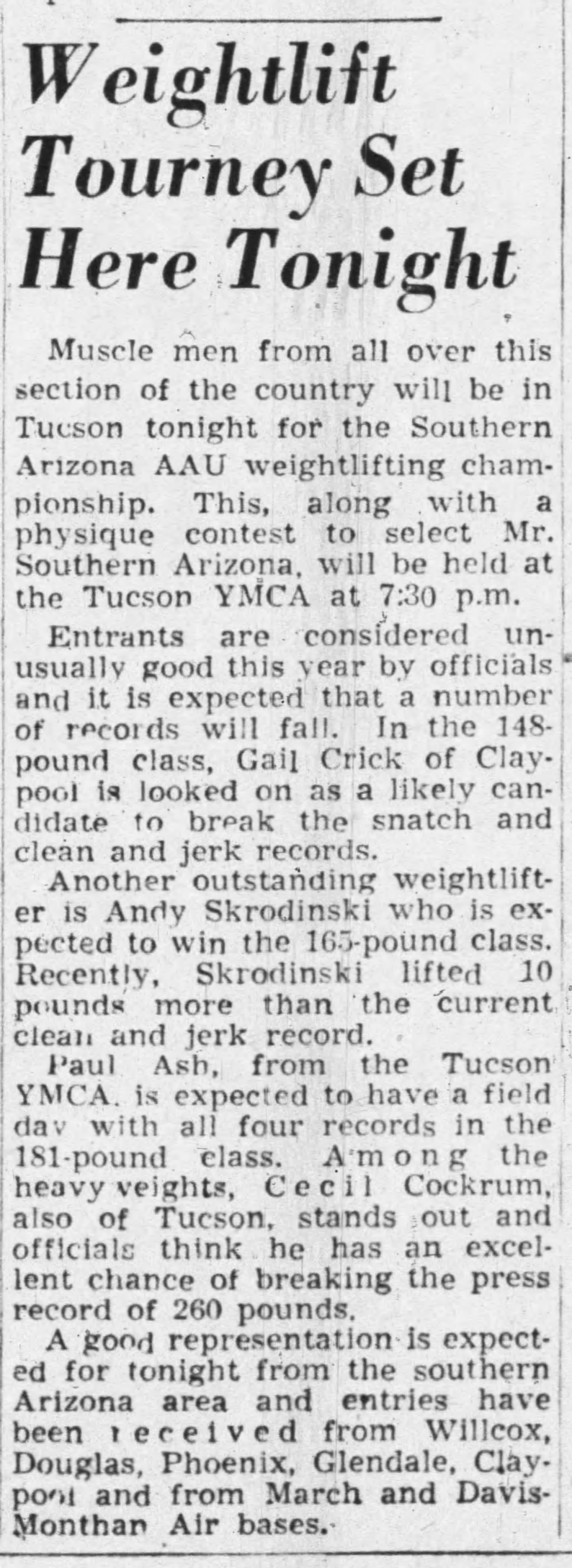 Tucson Citizen, February 13 1954 - Weightlift Tourney Set Here Tonight