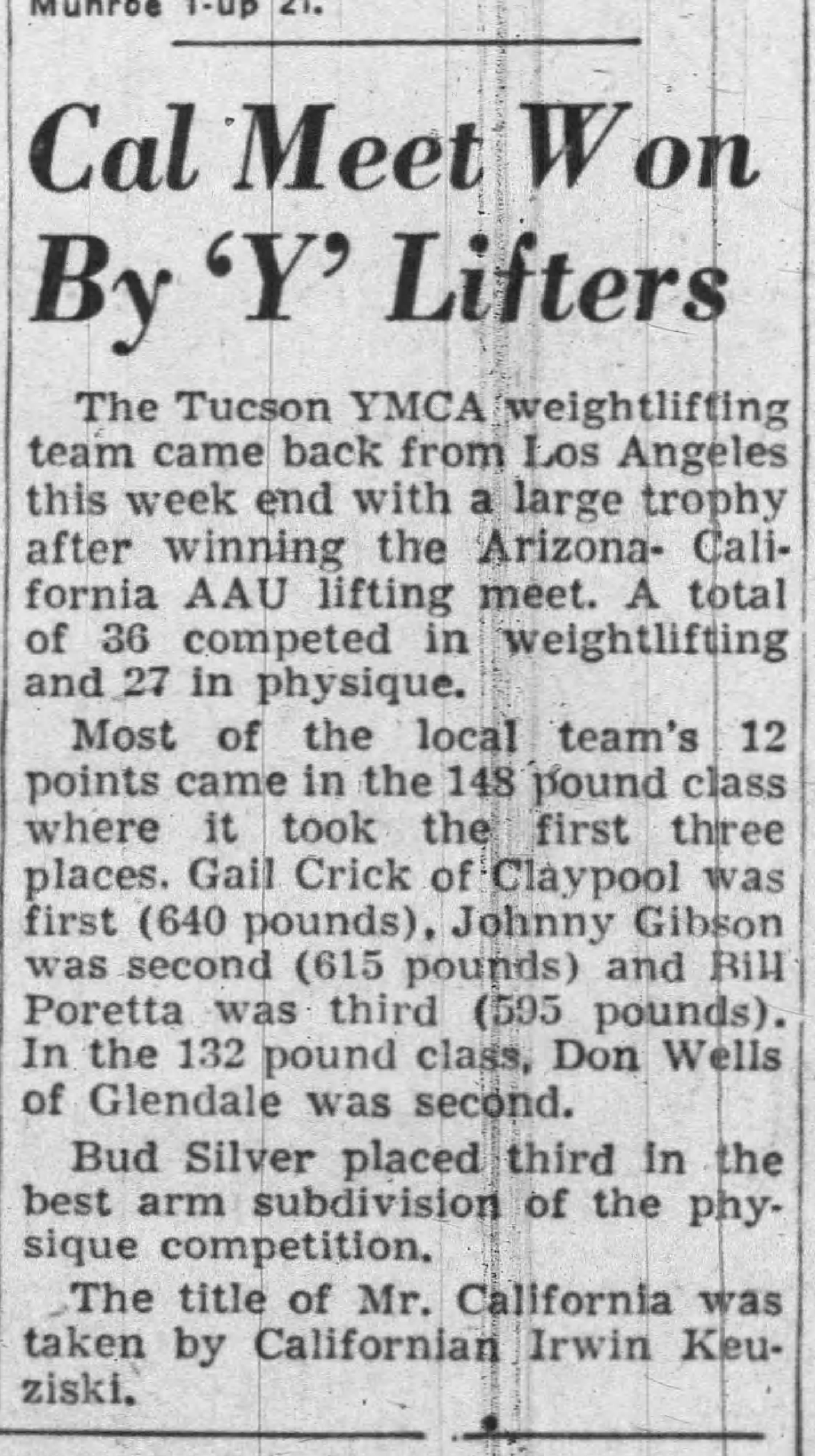 Tucson Citizen, April 5 1954 - Cal Meet Won By Y Lifters