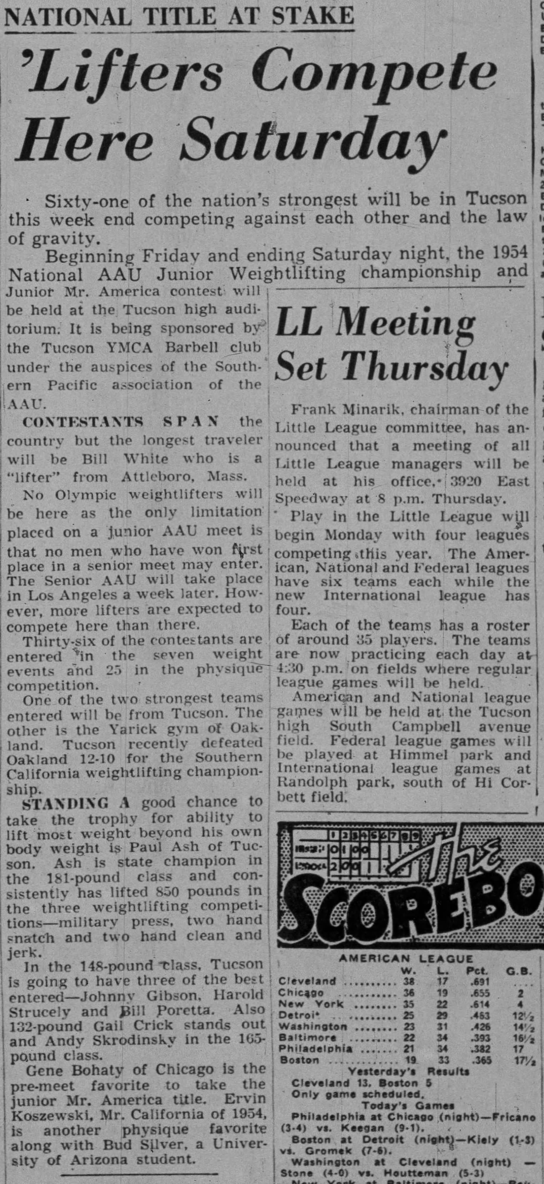 Tucson Citizen, June 15 1954 - Lifters Compete Here Saturday