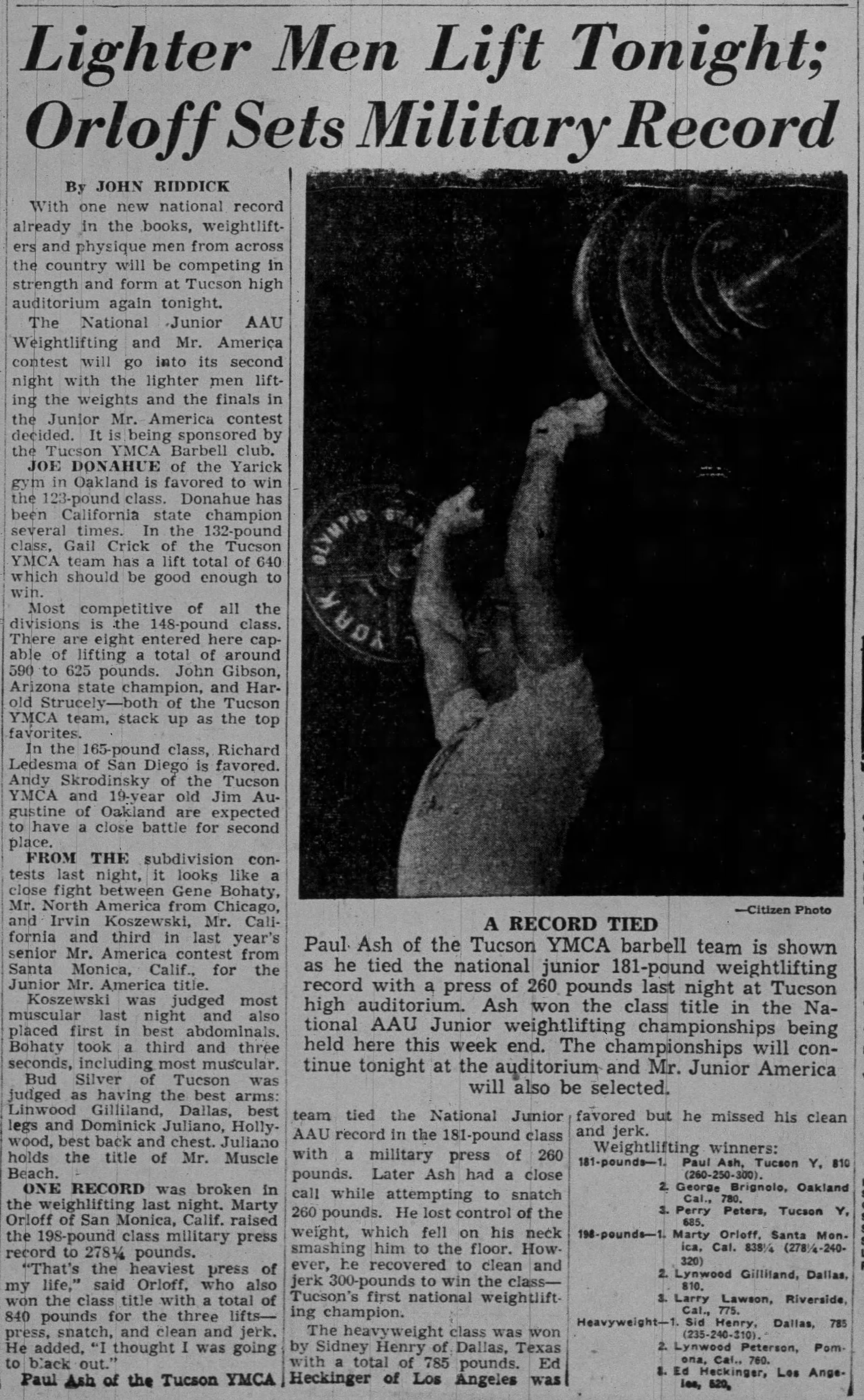 Tucson Citizen, June 19 1954 - Lighter Men Lift Tonight