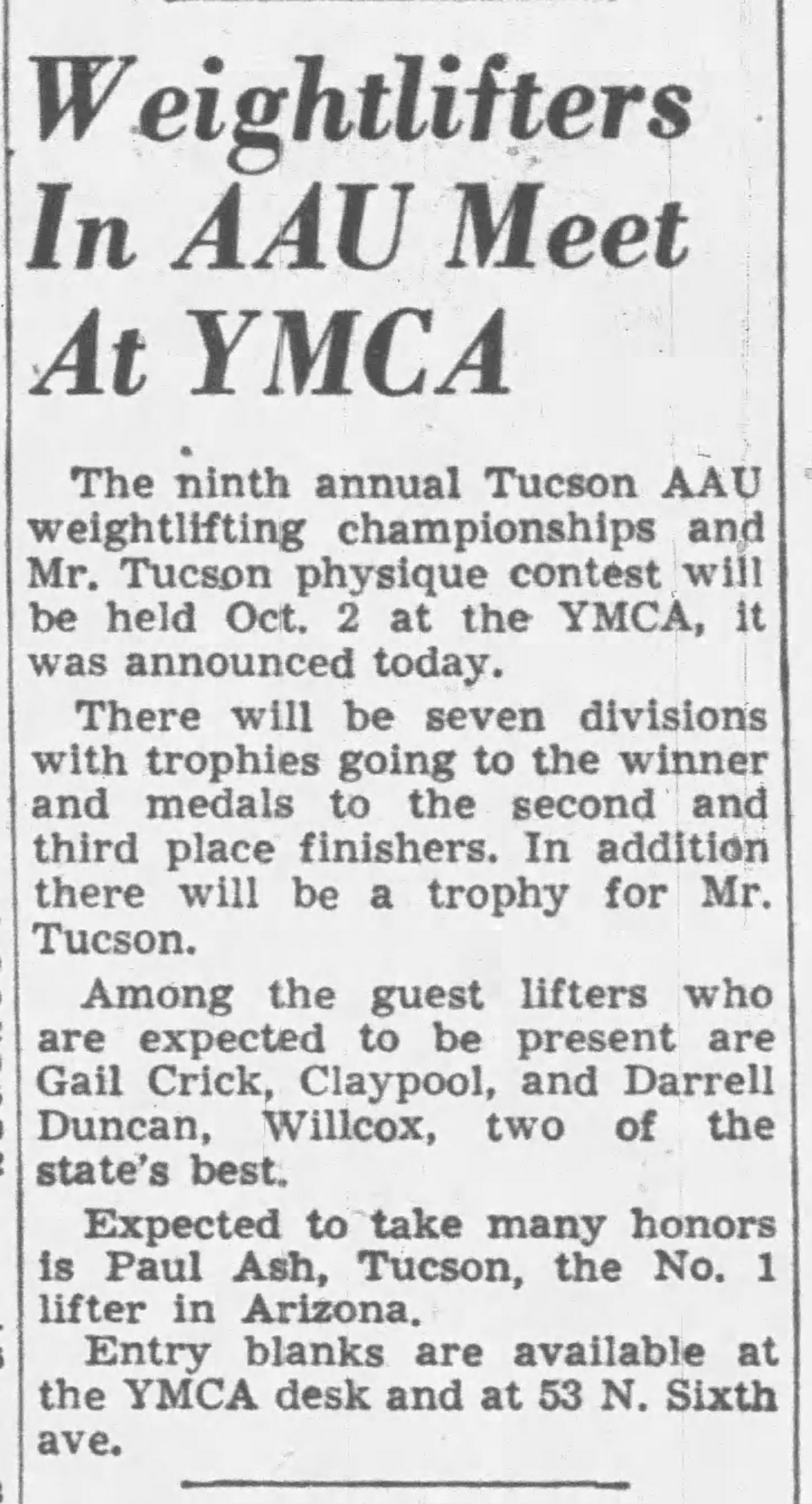Tucson Citizen, September 22 1954 - Weightlifters In AAU Meet At YMCA