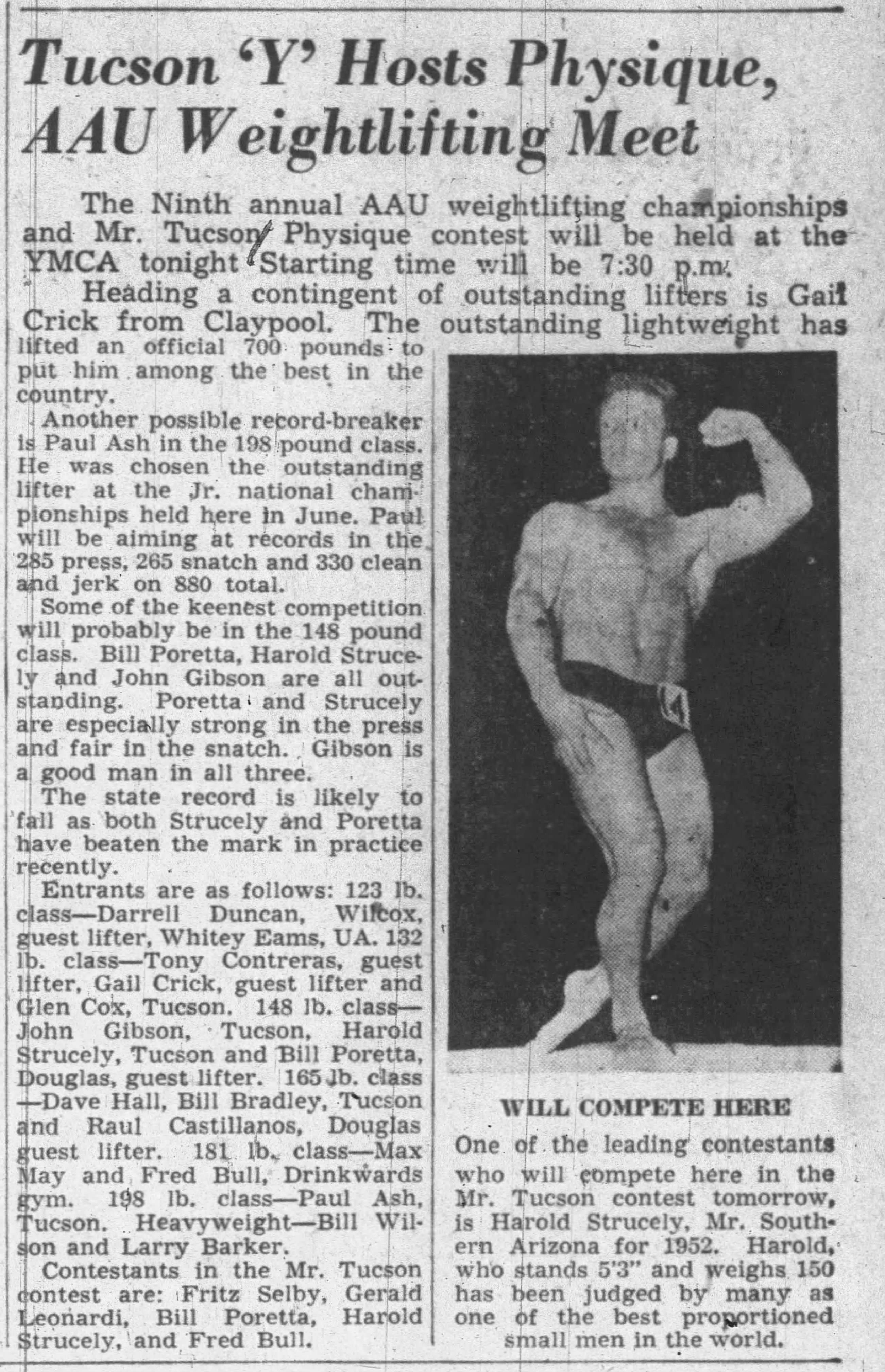 Tucson Citizen, October 2 1954 - Tucson Y Hosts Physique, AAU Weightlifting Meet