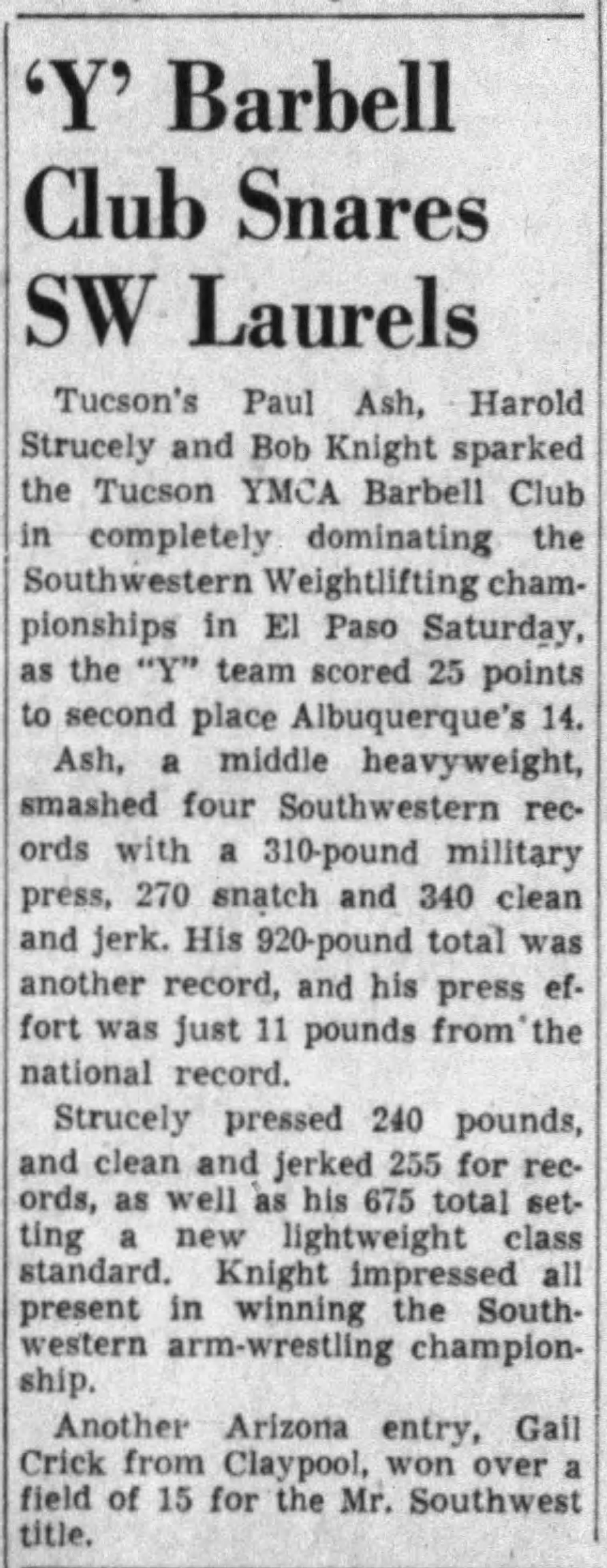 Tucson Citizen, April 23 1956 - Y Barbell Club Snares SW Laurels