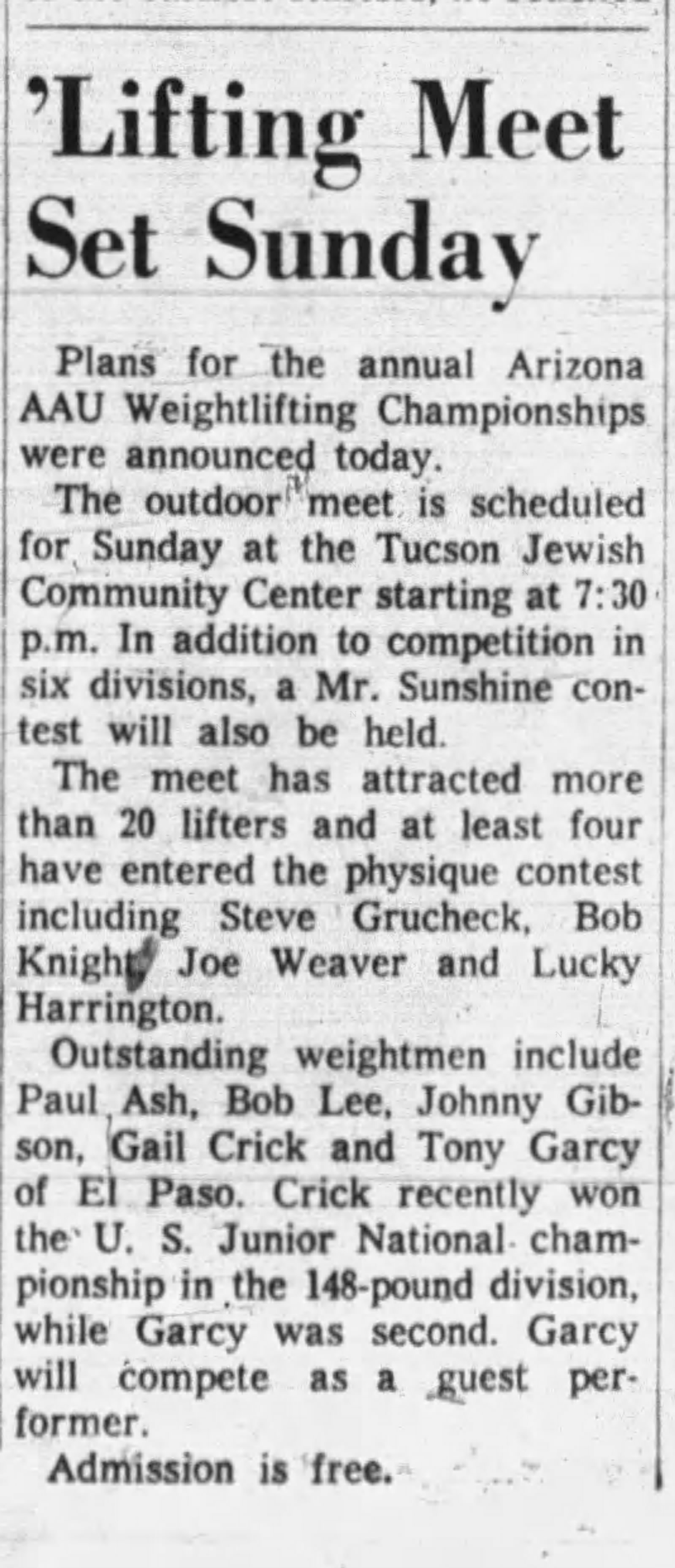 Tucson Citizen, July 31 1957 - Lifting Meet Set Sunday
